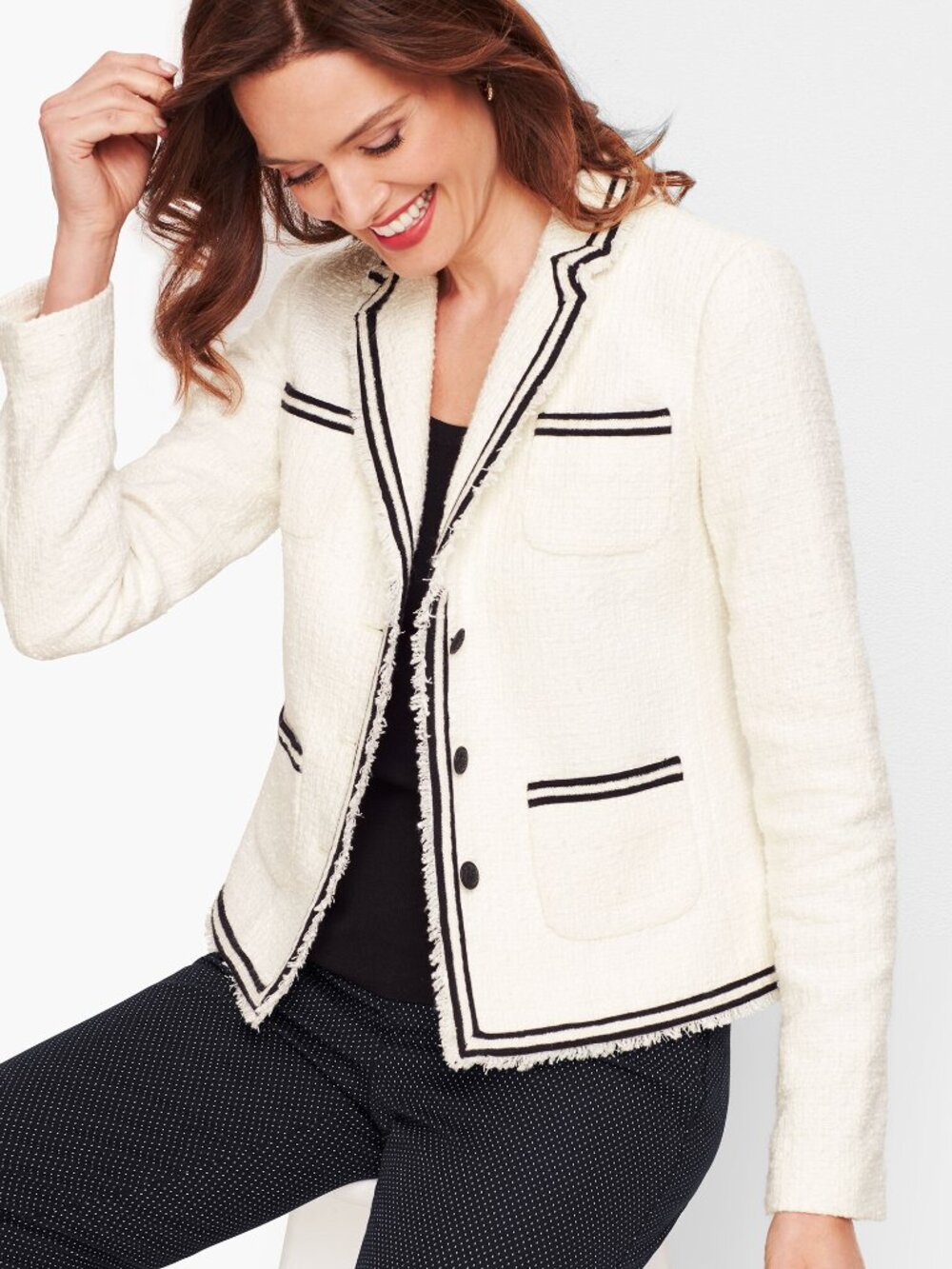Talbots Piped Tweed Jacket Blazer Size 8 Ivory White Black Trim Classic Preppy